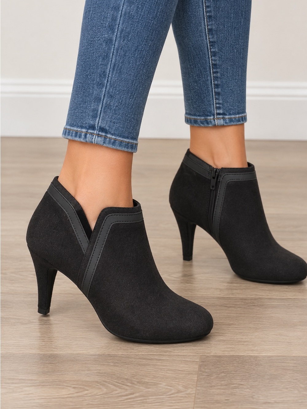 Black Women's Suede Ankle Booties with Side Zip